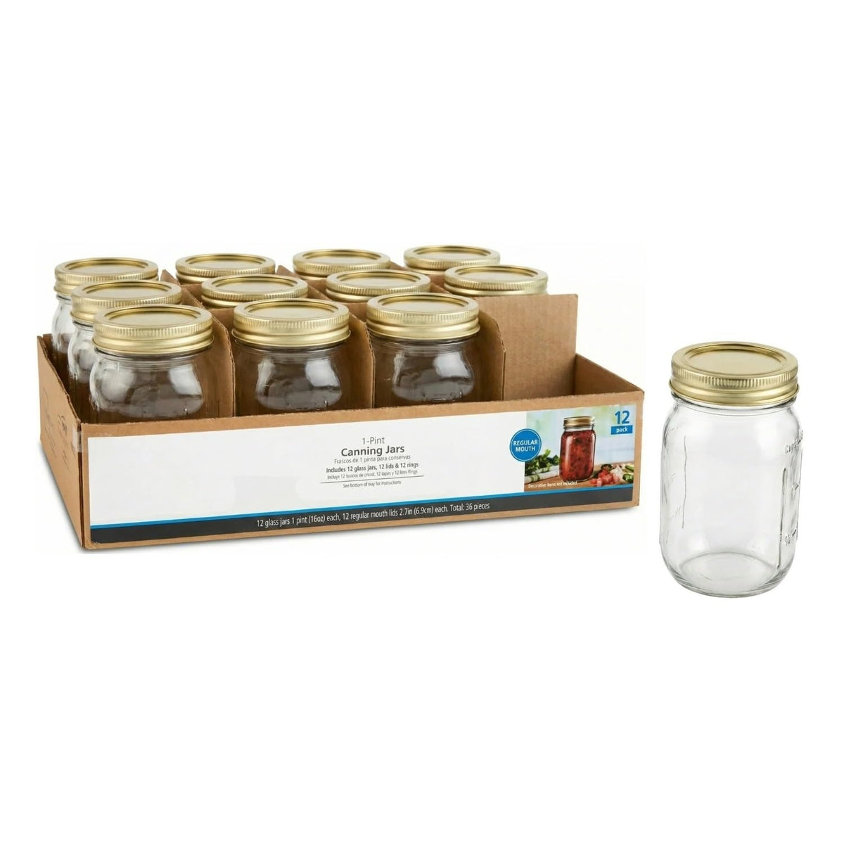 16 oz Regular Mouth Glass Mason Jars 12pk B95912