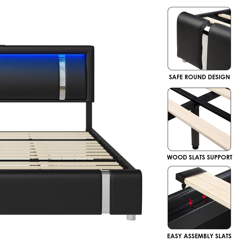 Black Full Size Upholstered Bed Frame with LED Headboard and 2 Storage Drawers P484