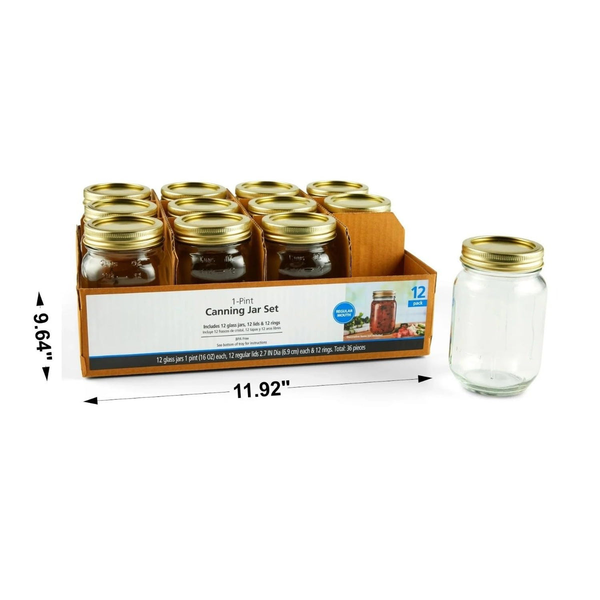 16 oz Regular Mouth Glass Mason Jars 12pk B95912