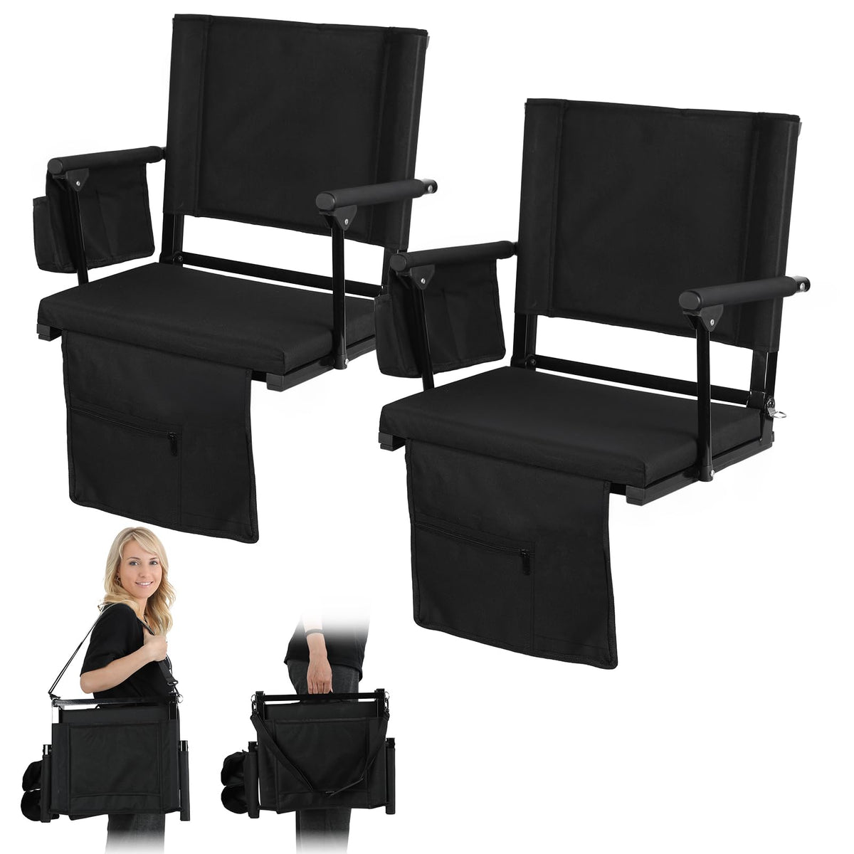 2 Pcs Black Folding Stadium Seats with Back Support and Cup Holder C574