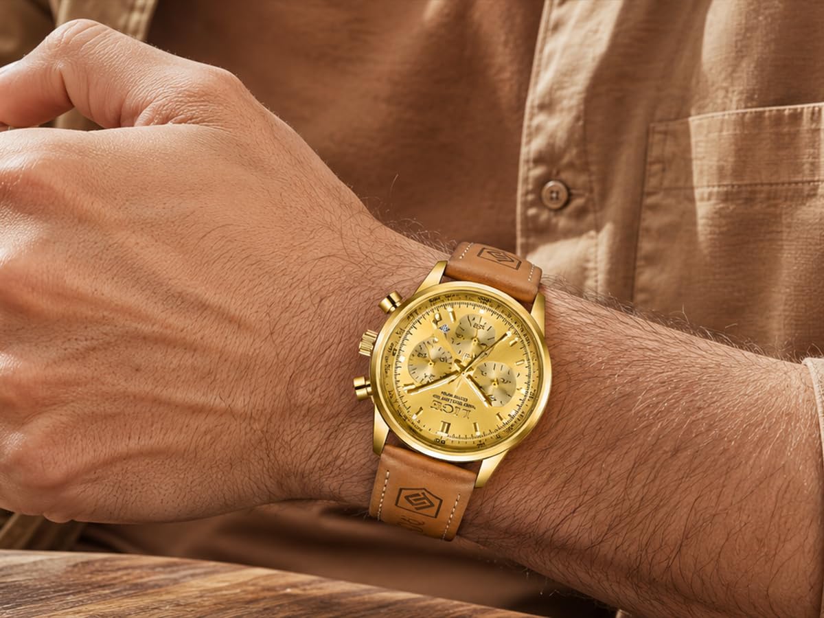 Gold-Tone Quartz Chronograph Watch Brown Leather Strap D98972