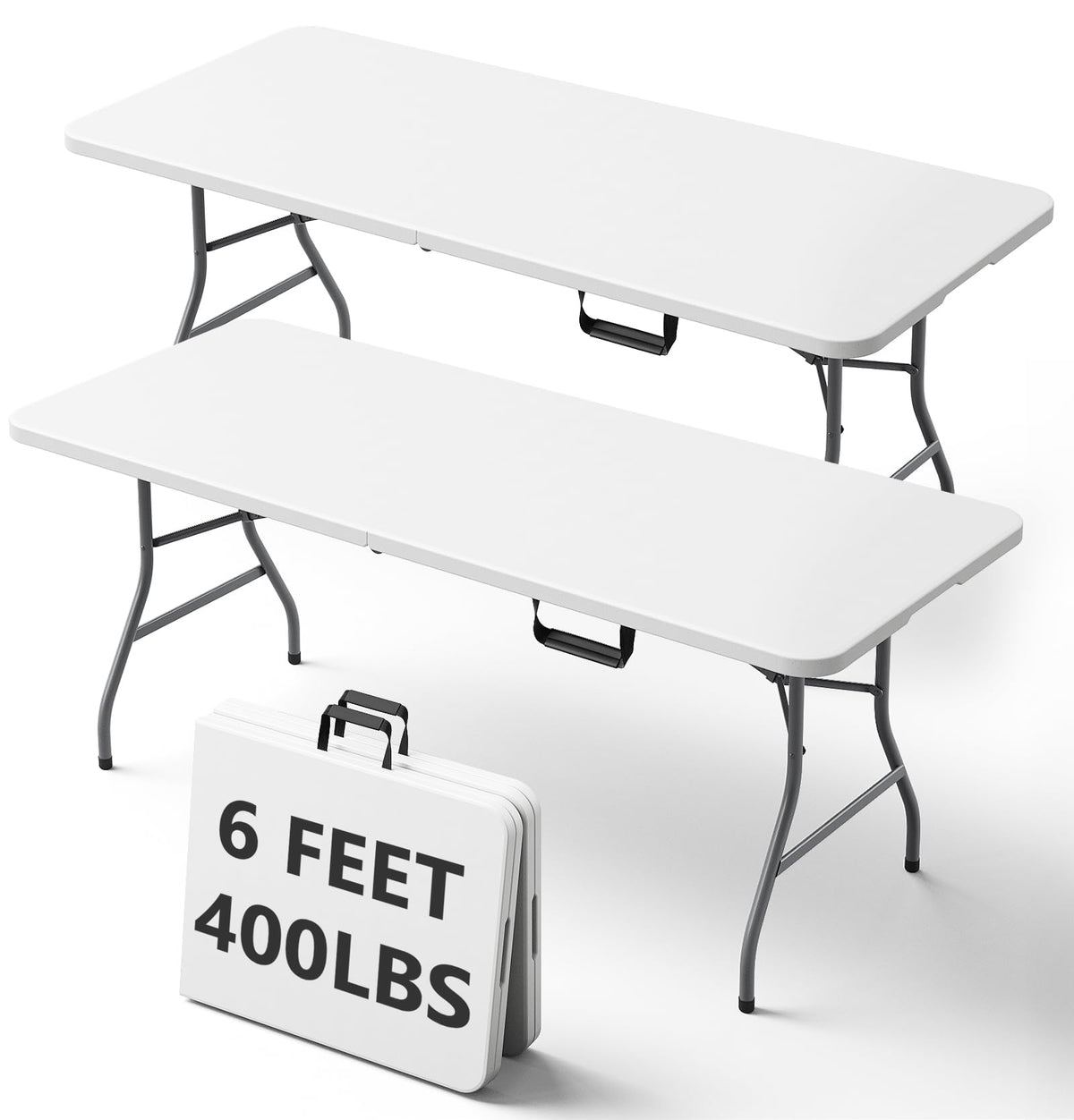 6FT Folding Table, Heavy Duty Plastic Utility Table with Handle, White, 2 Pack A1961