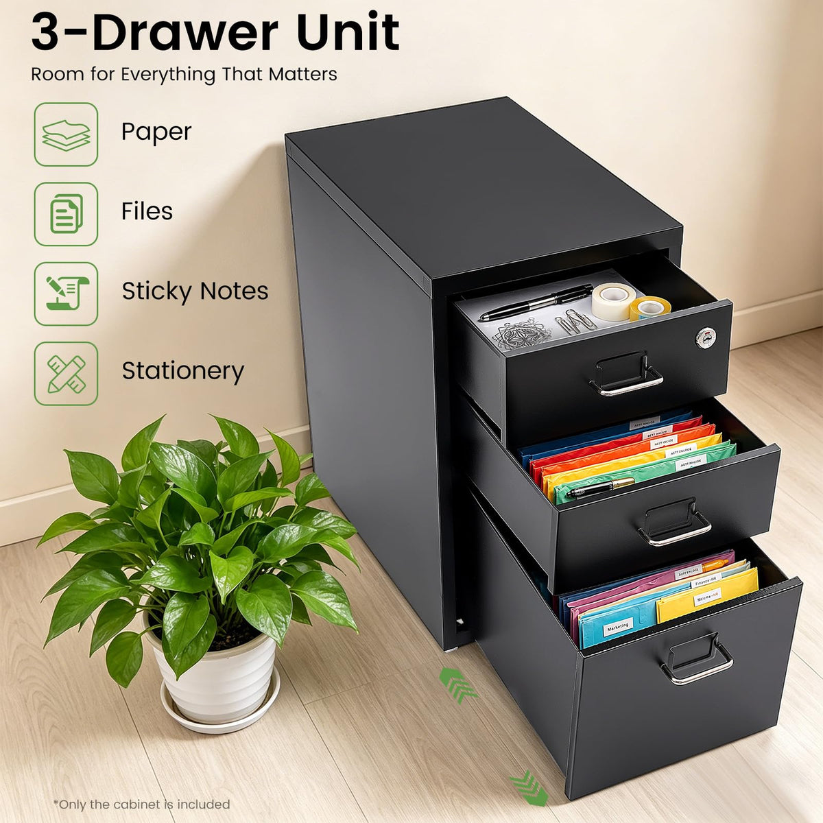 Black 3-Drawer Metal File Cabinet Q589867