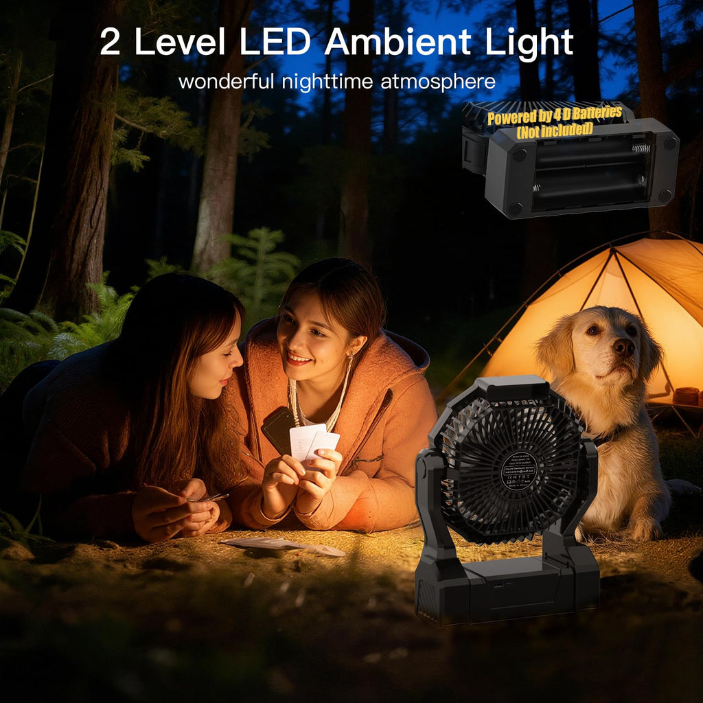 Battery Operated Portable Fan with 4 Speeds, 3 Timers & 2 Light Modes, Black Y155