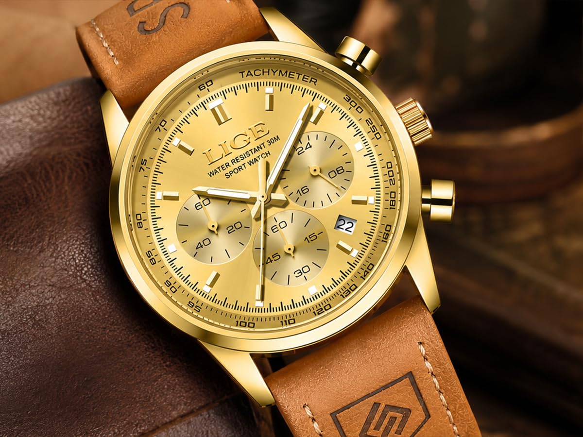 Gold-Tone Quartz Chronograph Watch Brown Leather Strap D98972