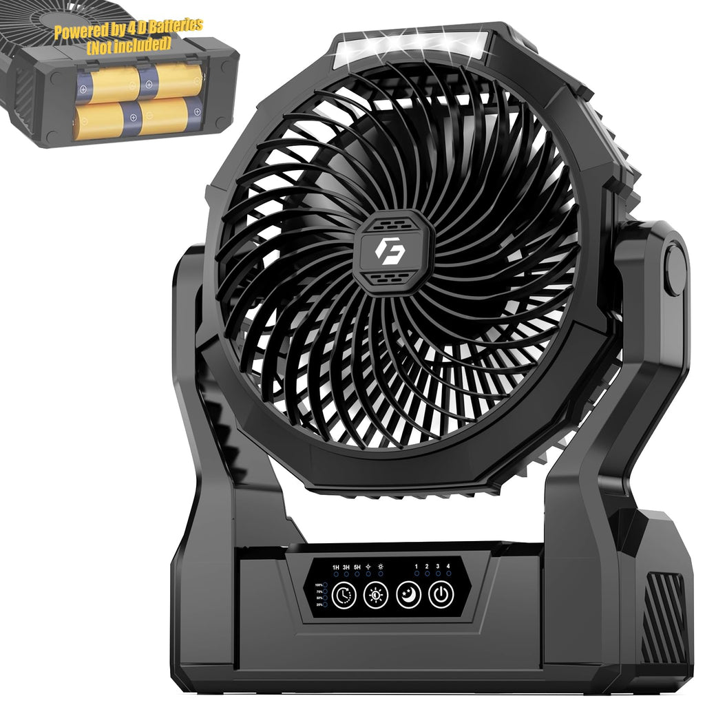 Battery Operated Portable Fan with 4 Speeds, 3 Timers & 2 Light Modes, Black Y155