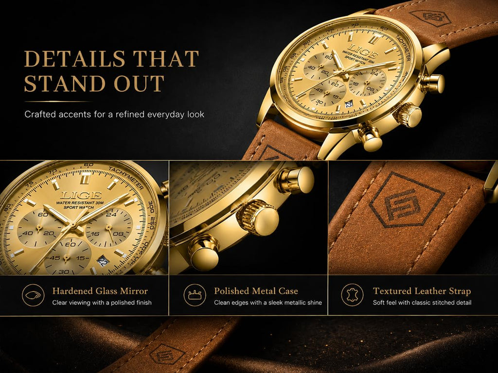 Gold-Tone Quartz Chronograph Watch Brown Leather Strap D98972