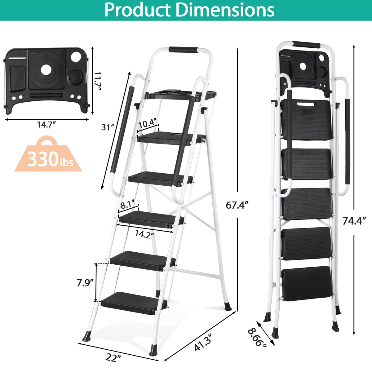 5 Step White Foldable Steel Step Stool with Handrail N49039