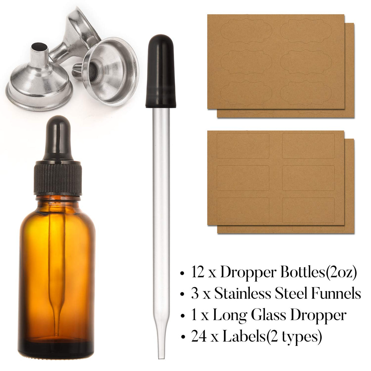 2 oz Amber Glass Dropper Bottle with Funnels W667