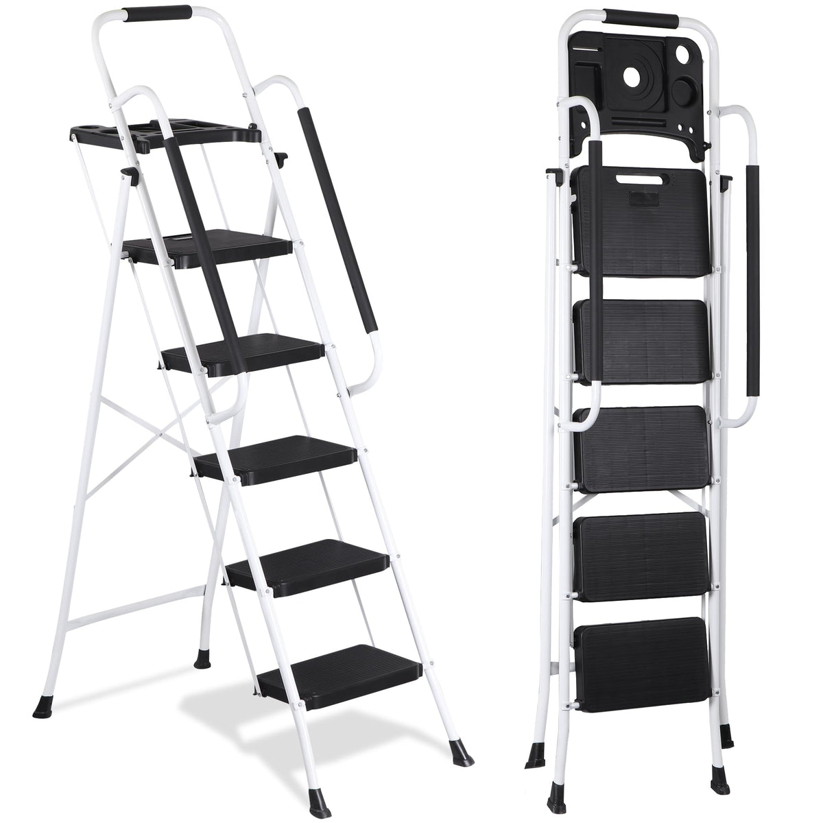 5 Step White Foldable Steel Step Stool with Handrail N49039
