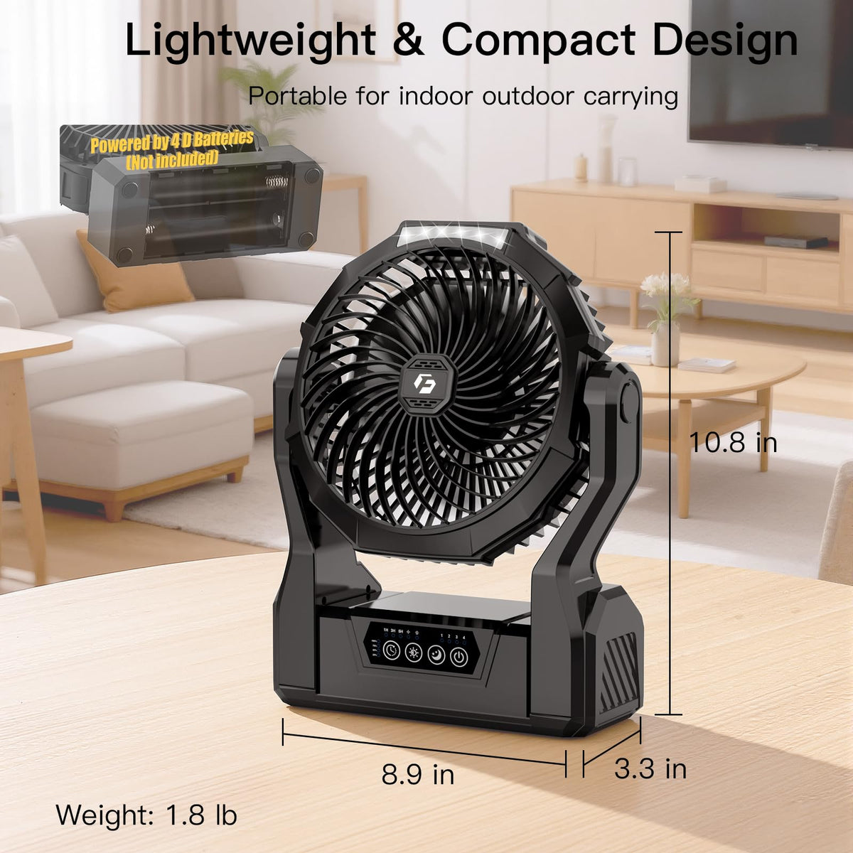 Battery Operated Portable Fan with 4 Speeds, 3 Timers & 2 Light Modes, Black Y155