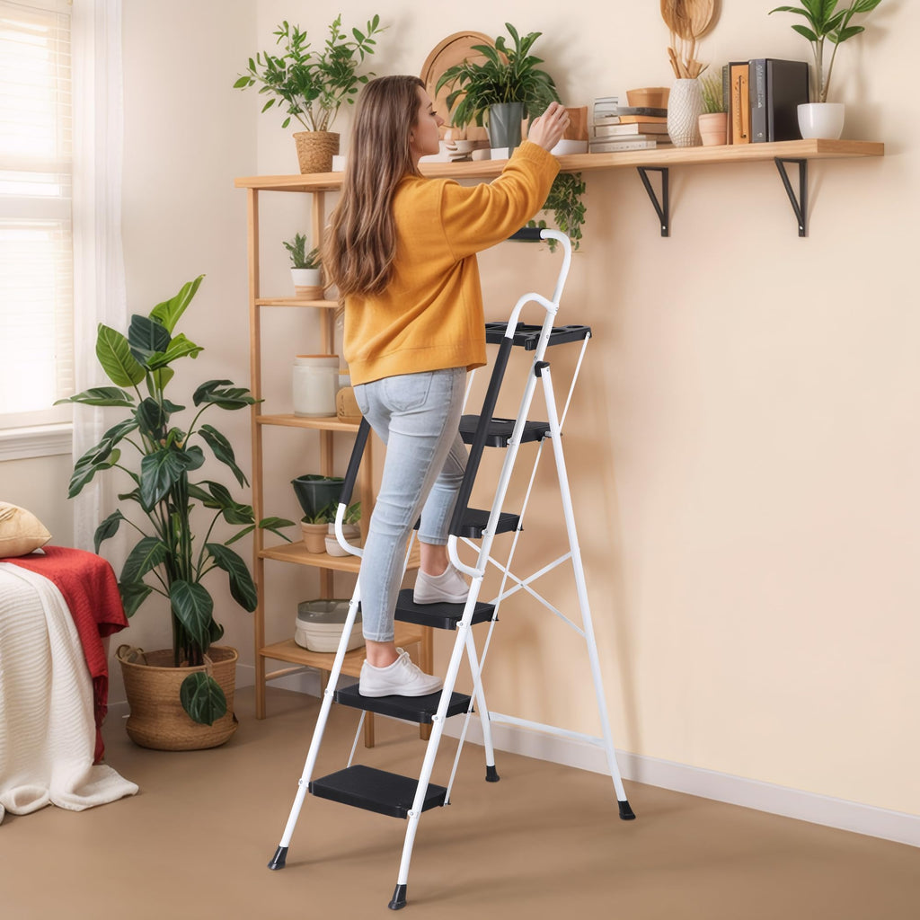 5 Step White Foldable Steel Step Stool with Handrail N49039
