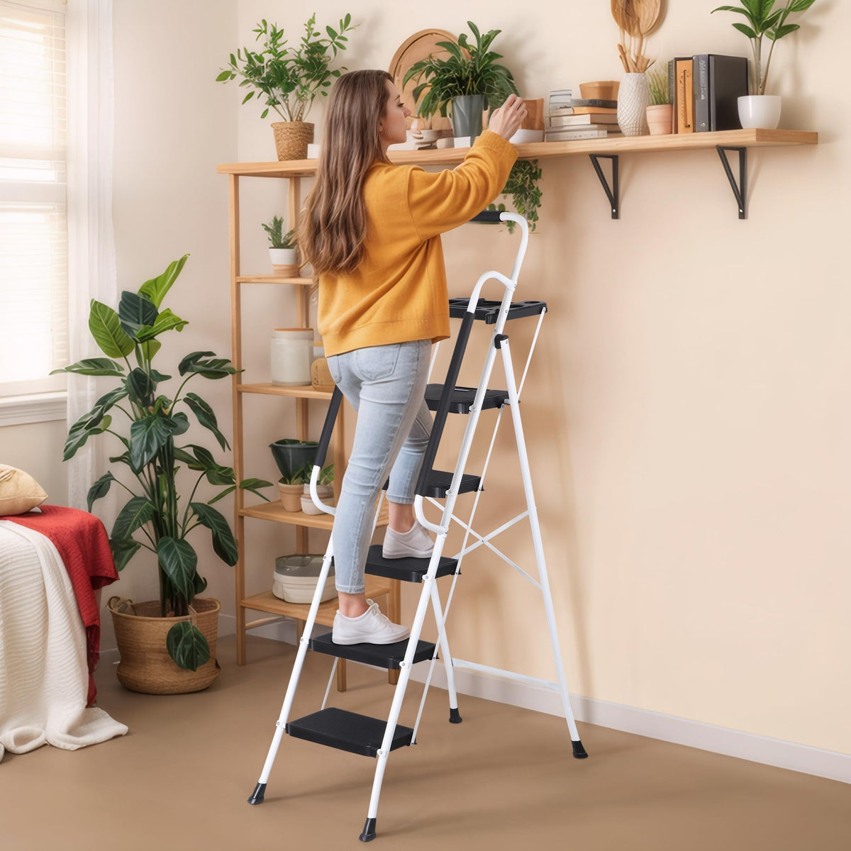 5 Step White Foldable Steel Step Stool with Handrail N49039
