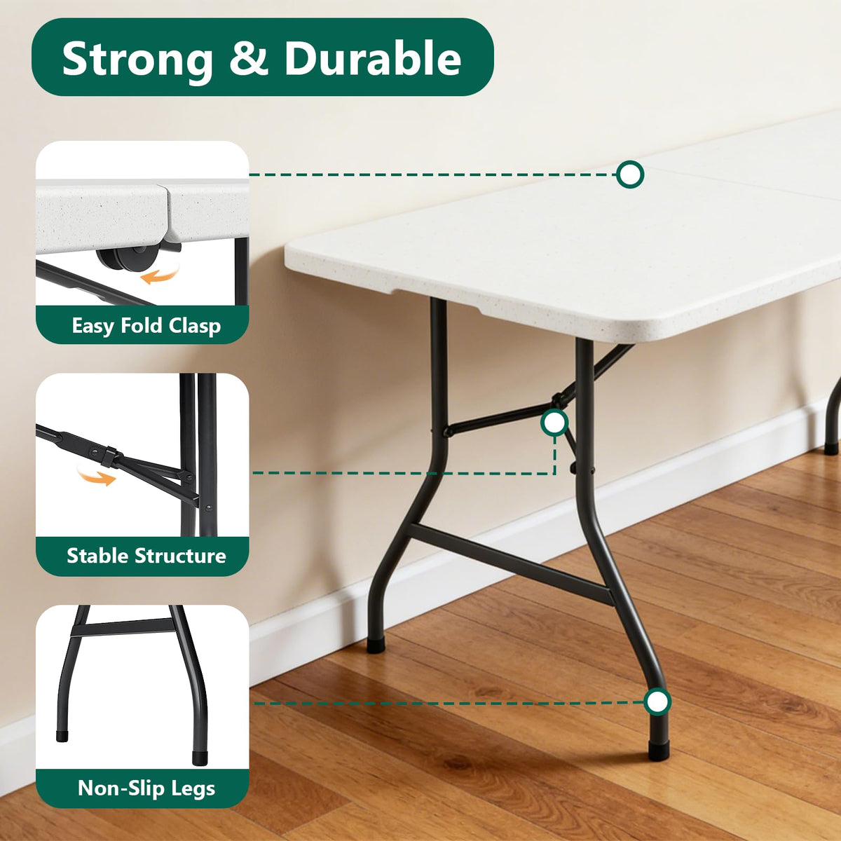 6FT Folding Table, Heavy Duty Plastic Utility Table with Handle, White, 2 Pack A1961