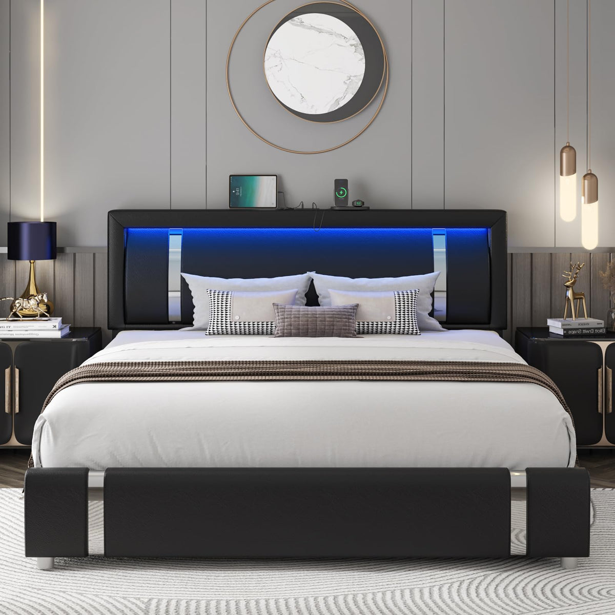 Black Full Size Upholstered Bed Frame with LED Headboard and 2 Storage Drawers P484