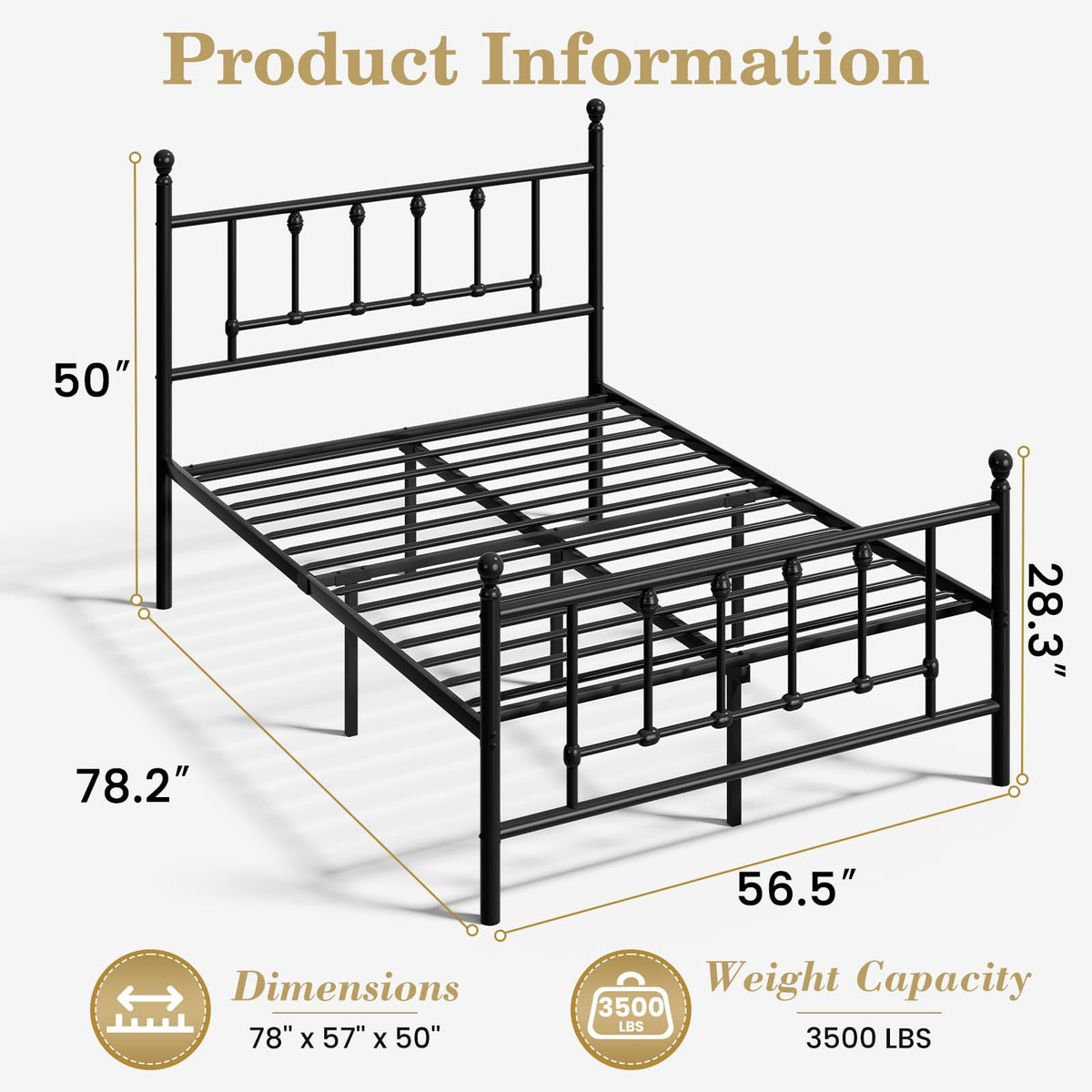 14 Inch Full Size Victorian Metal Platform Bed Frame with Headboard and Footboard E842