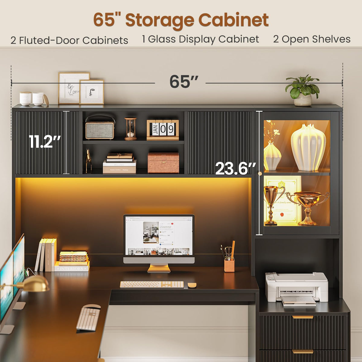 67" L Shaped Desk with Hutch and Power Outlets, Black I20642