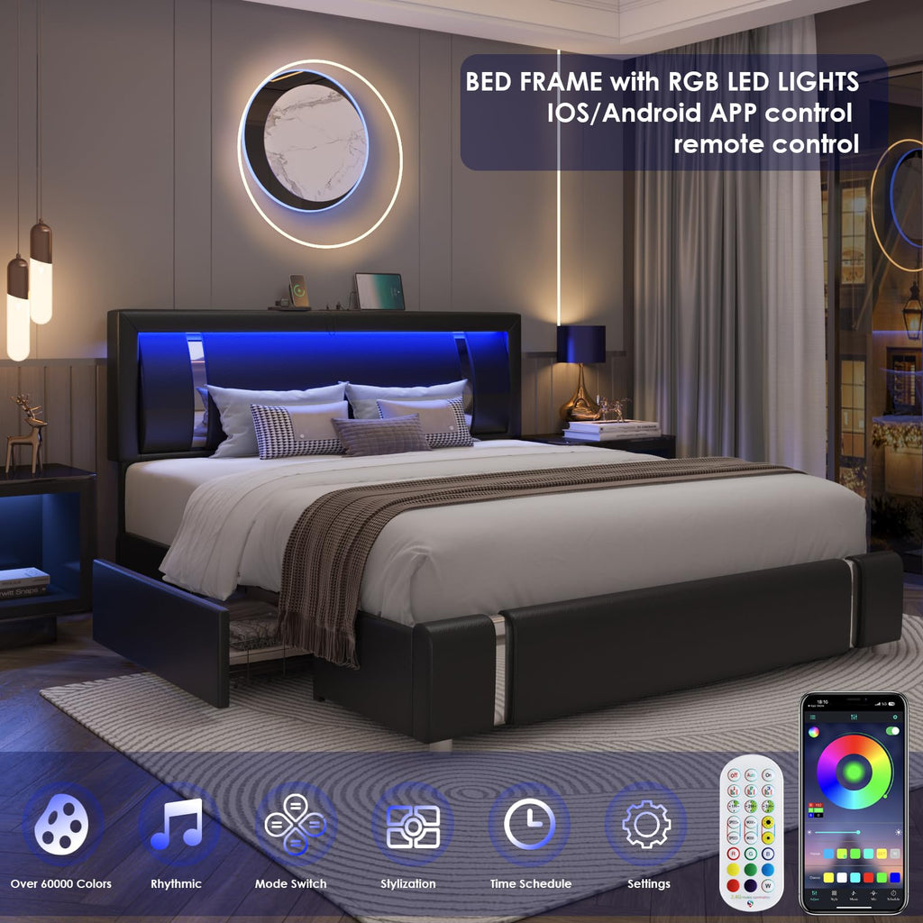 Black Full Size Upholstered Bed Frame with LED Headboard and 2 Storage Drawers P484