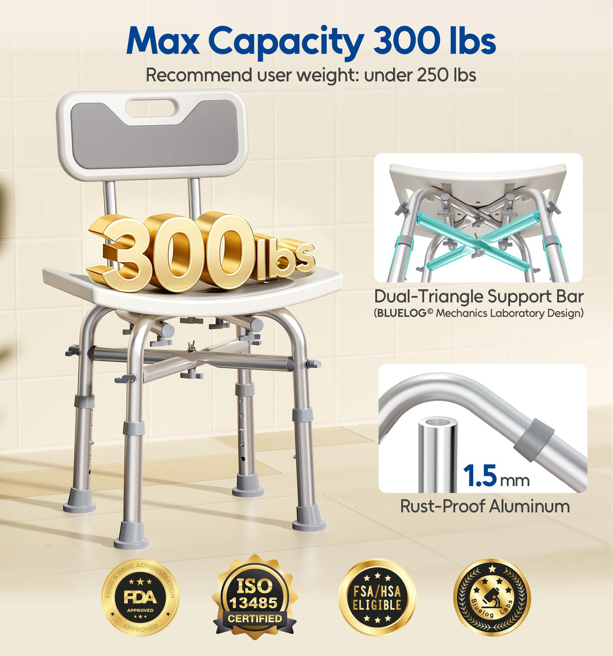 Shower Chair with Back Seat Bench X159