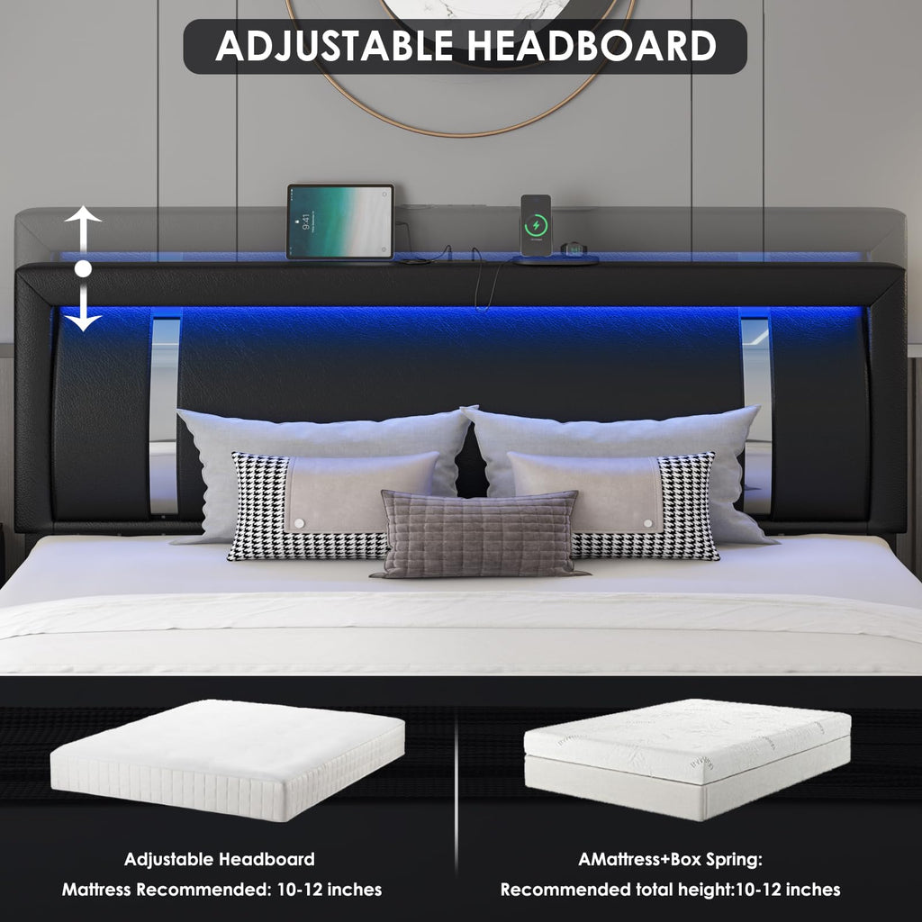 Black Full Size Upholstered Bed Frame with LED Headboard and 2 Storage Drawers P484