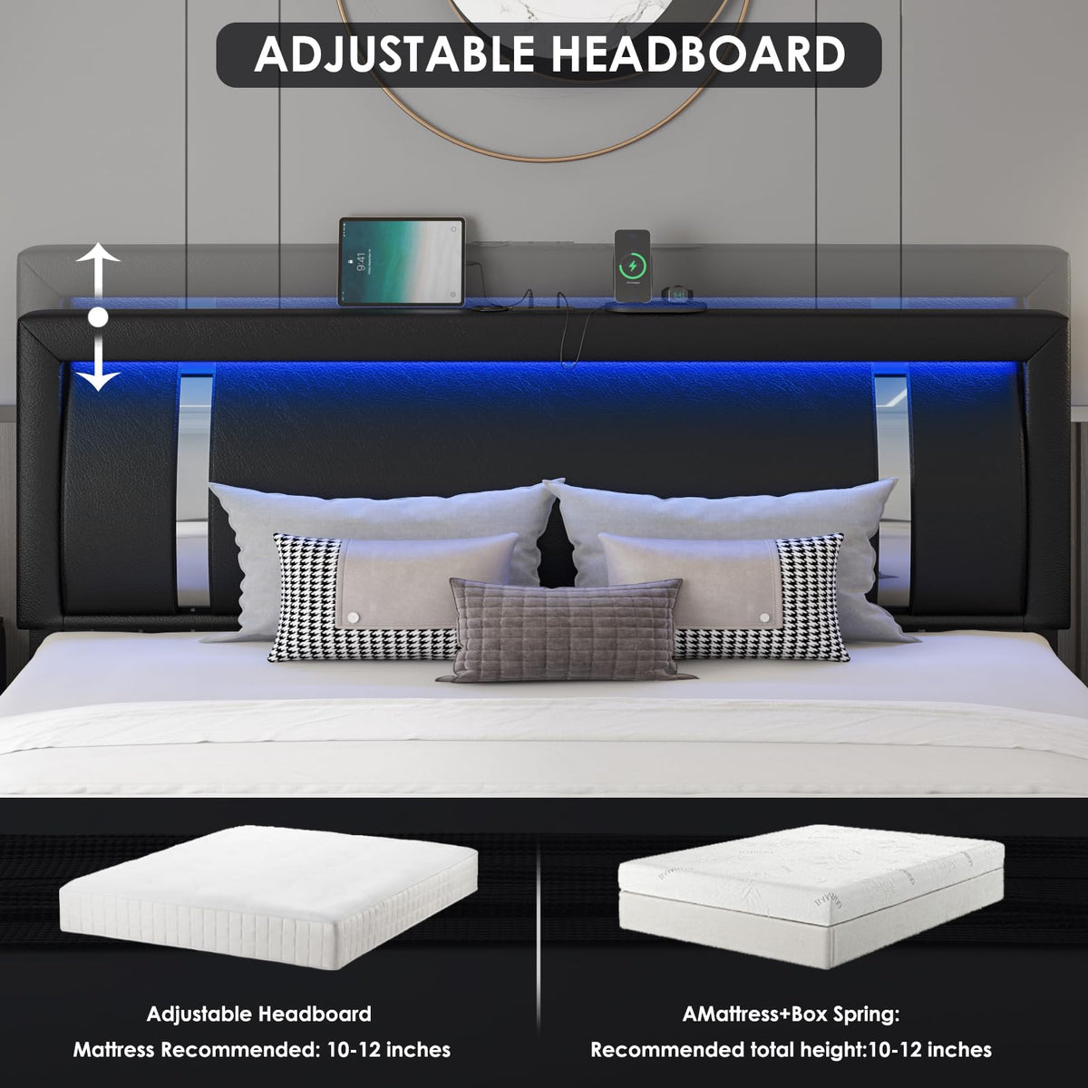 Black Full Size Upholstered Bed Frame with LED Headboard and 2 Storage Drawers P484