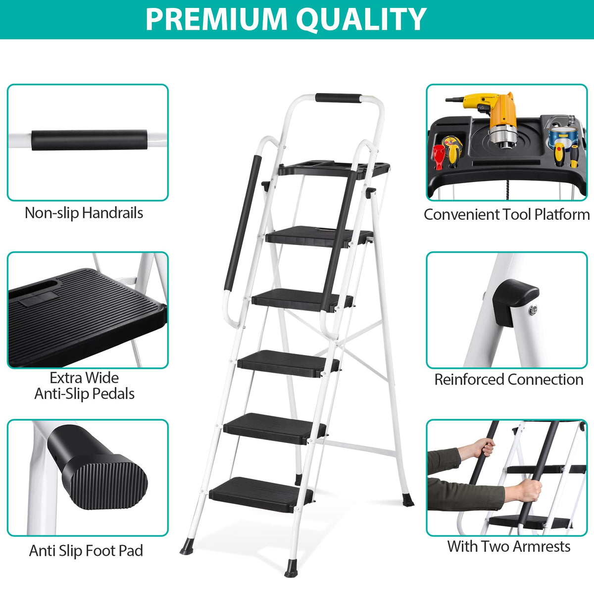 5 Step White Foldable Steel Step Stool with Handrail N49039