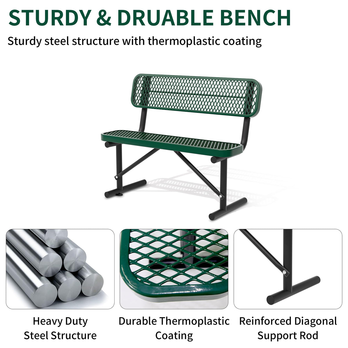 4FT Heavy Duty Metal Outdoor Bench with Backrest N7974