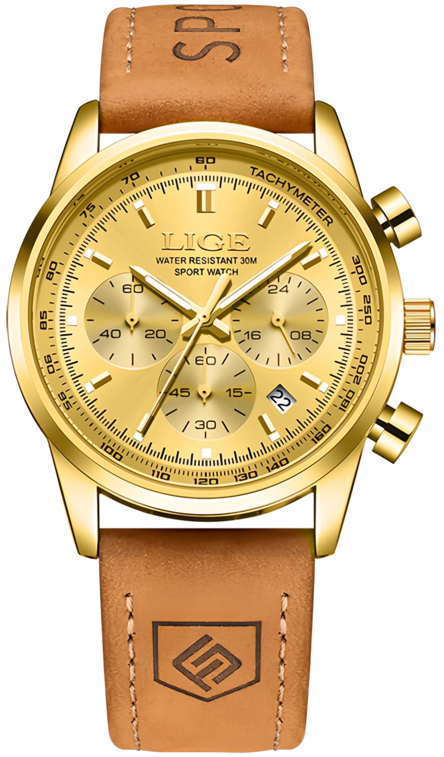 Gold-Tone Quartz Chronograph Watch Brown Leather Strap D98972