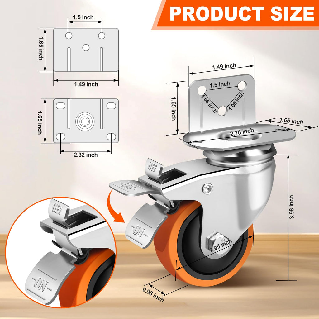 3 Inch Side Mount Casters Set of 4 with Brakes R7638