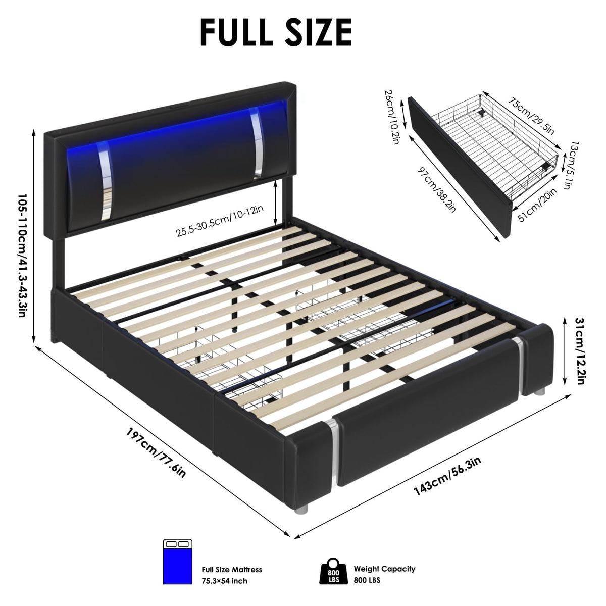 Black Full Size Upholstered Bed Frame with LED Headboard and 2 Storage Drawers P484