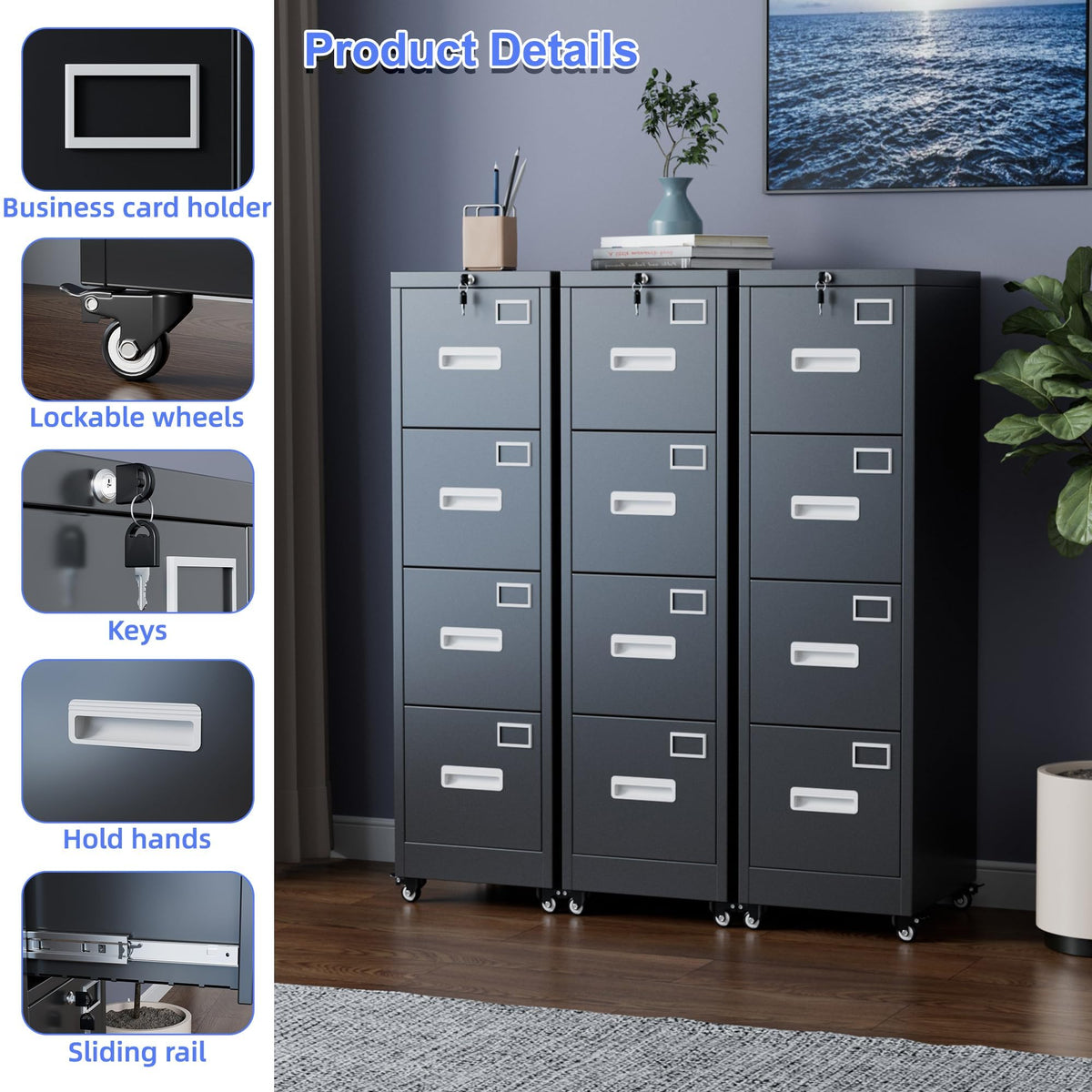 4 Drawer Metal File Cabinet with Lock, Black R423218