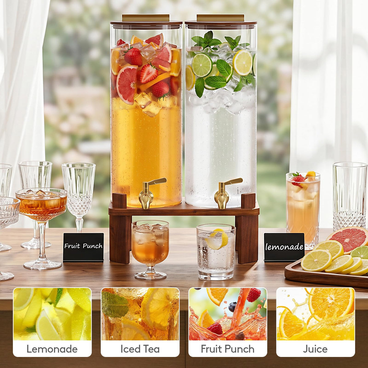 2 Gallon Glass Drink Dispenser with Wood Stand C699802