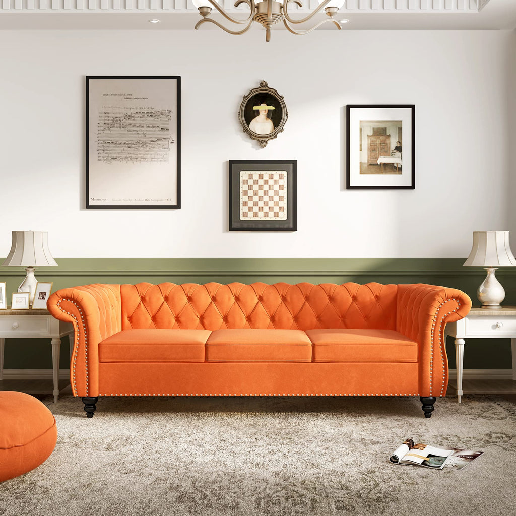 Velvet 3 Seater Tufted Sofa with Rolled Arms J5029