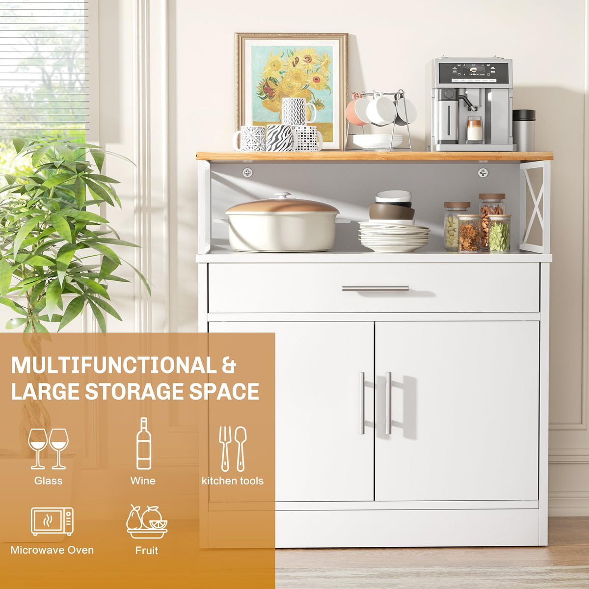 White Kitchen Buffet Cabinet with Adjustable Shelf X7686