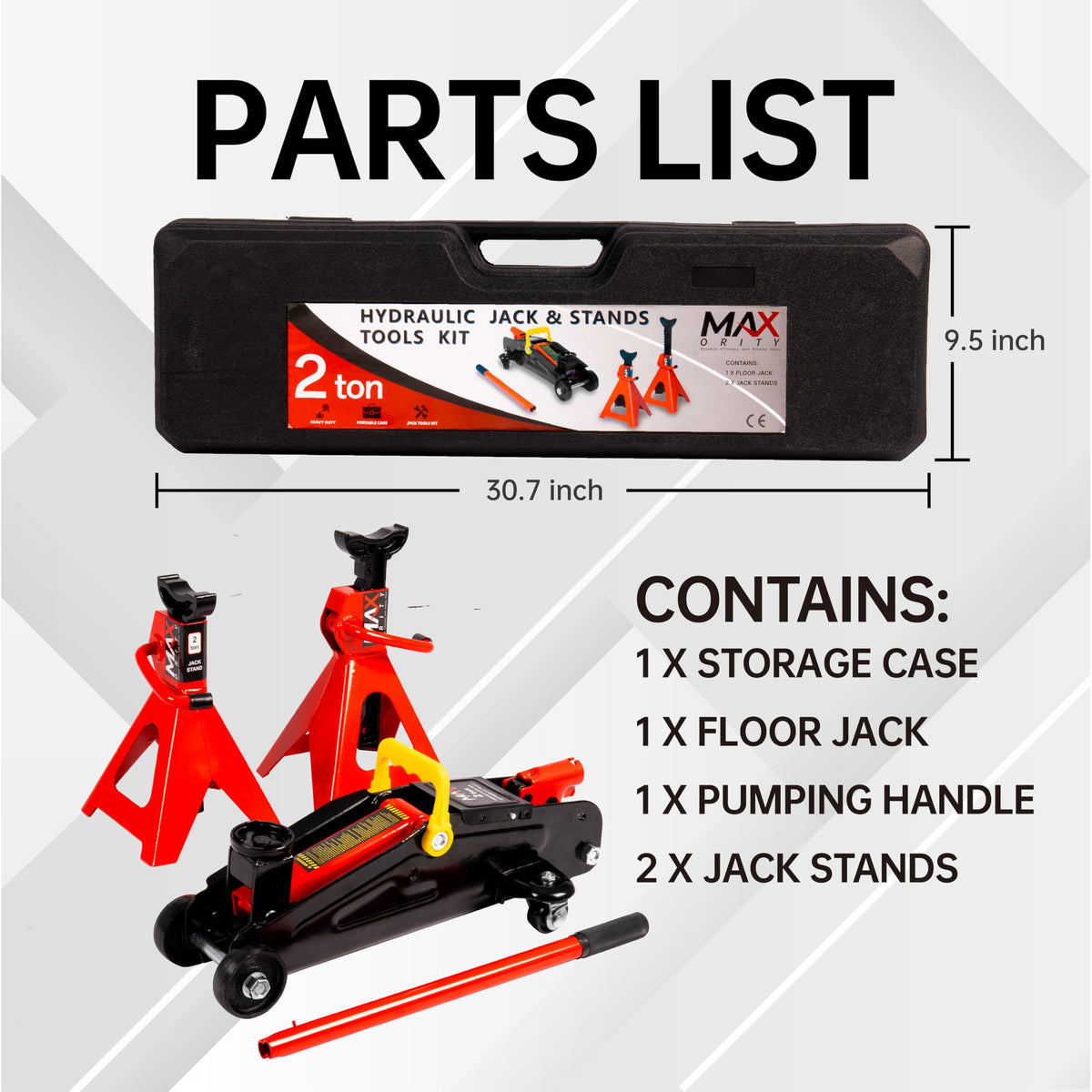 2-Ton Hydraulic Low Profile Trolley Floor Jack with Case and 1 Pair 2 Ton Jack Stands X5444