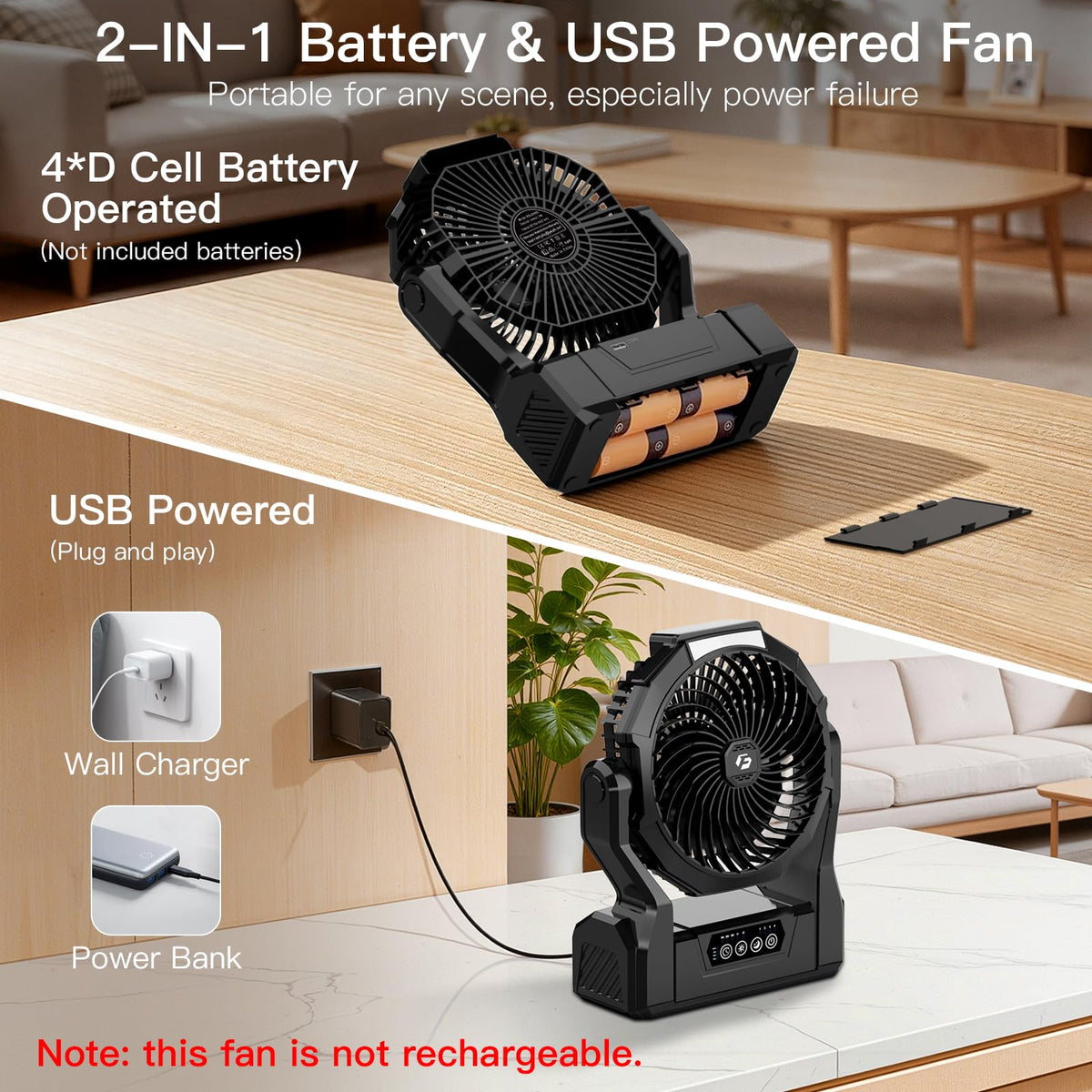 Battery Operated Portable Fan with 4 Speeds, 3 Timers & 2 Light Modes, Black Y155