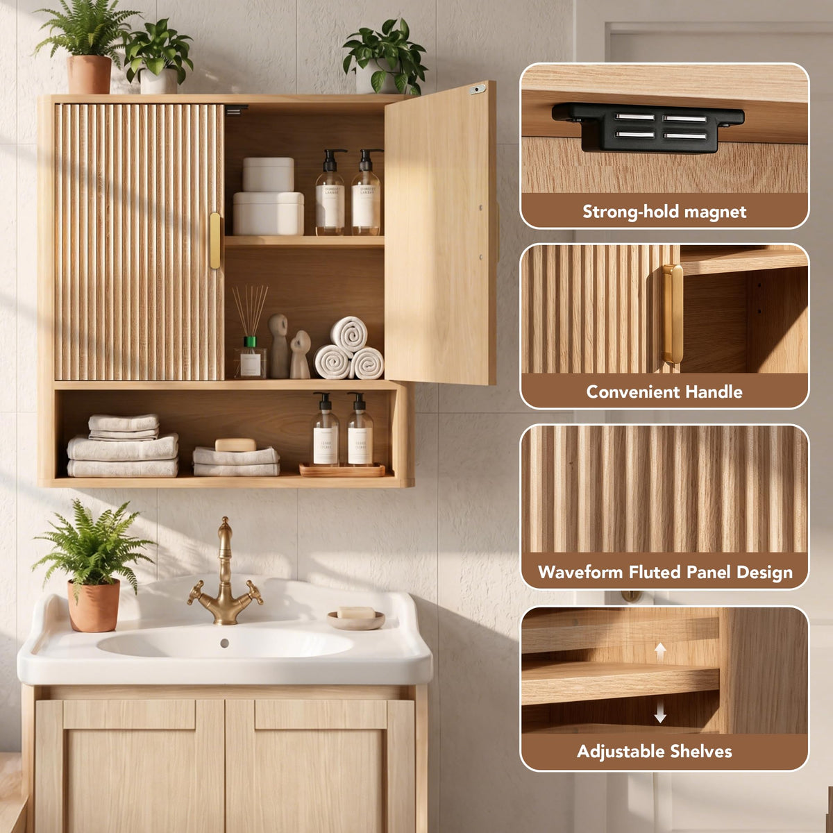Bathroom Storage Wall Cabinet with Adjustable Wood Shelf & Doors G834836