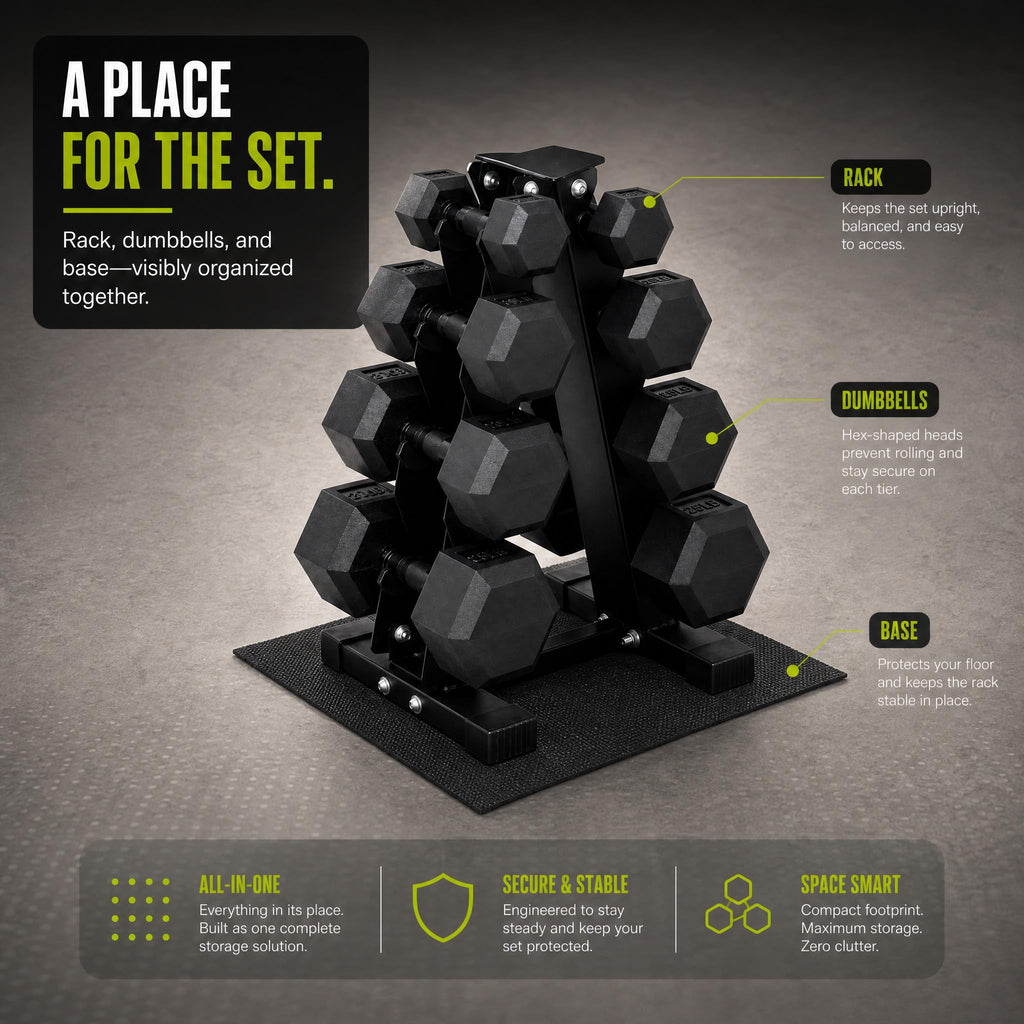 Rubber Coated Hex Dumbbell Weight Set with Rack C793