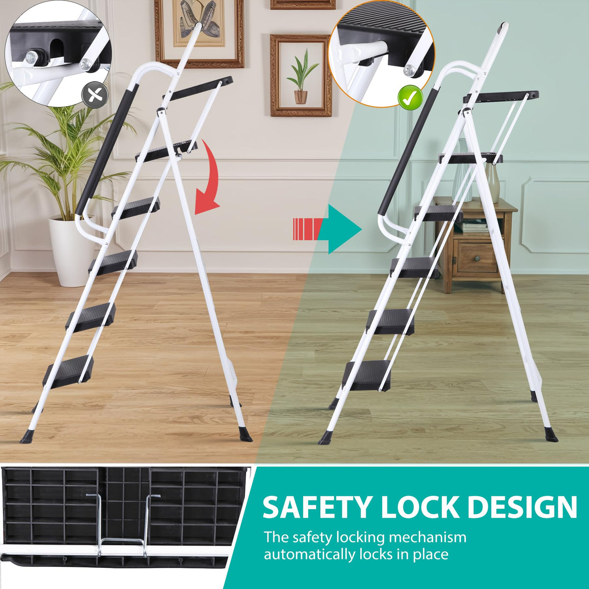 5 Step White Foldable Steel Step Stool with Handrail N49039
