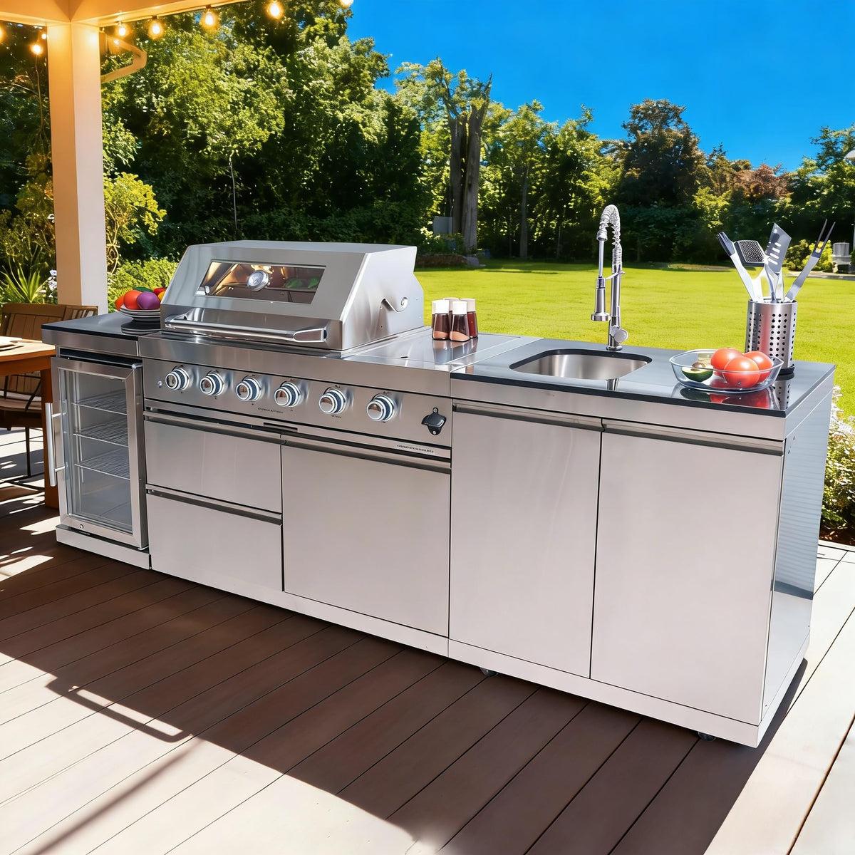 98 Inches 4-Burner Propane Stainless Steel Outdoor Kitchen Island with Refrigerator and Sink U47522