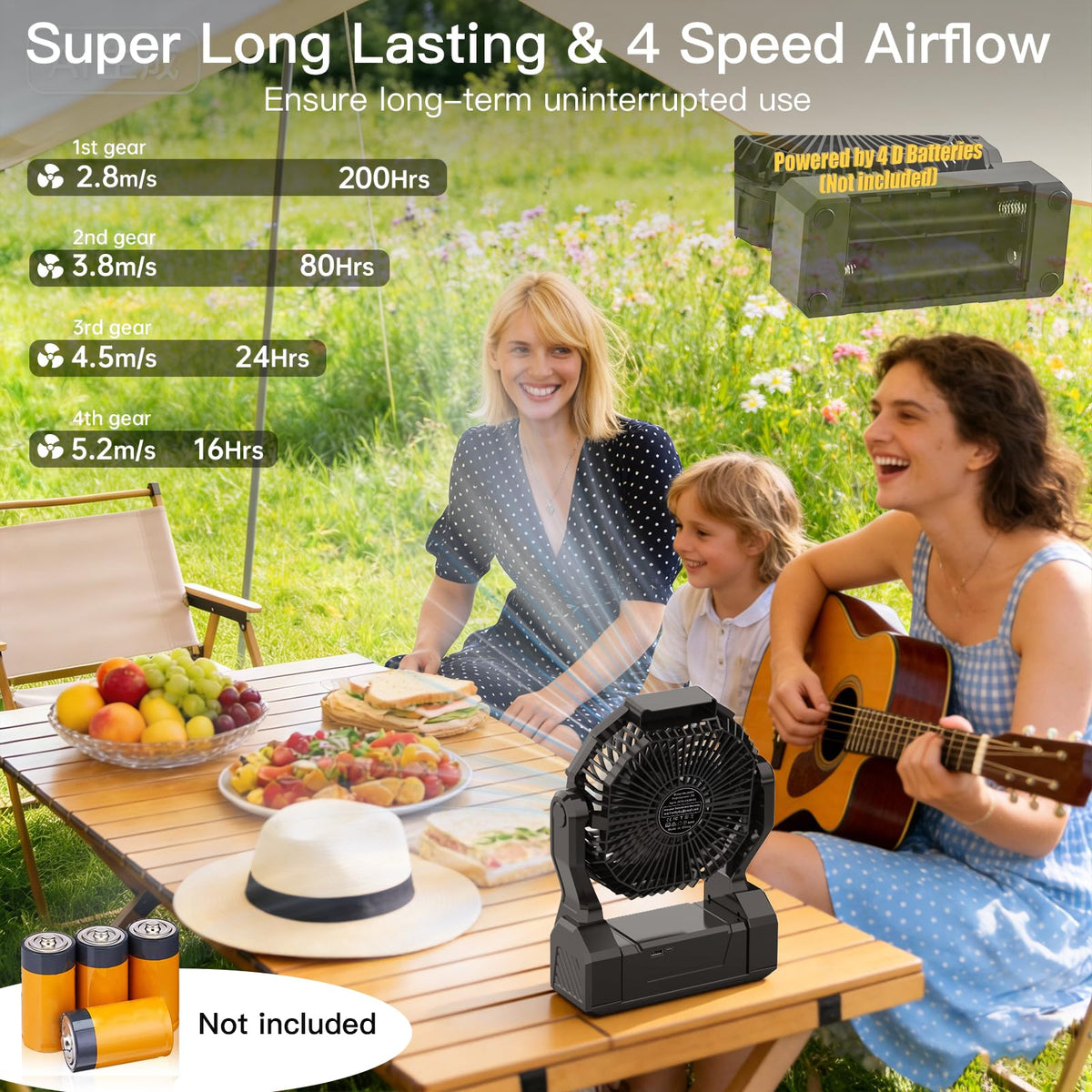 Battery Operated Portable Fan with 4 Speeds, 3 Timers & 2 Light Modes, Black Y155