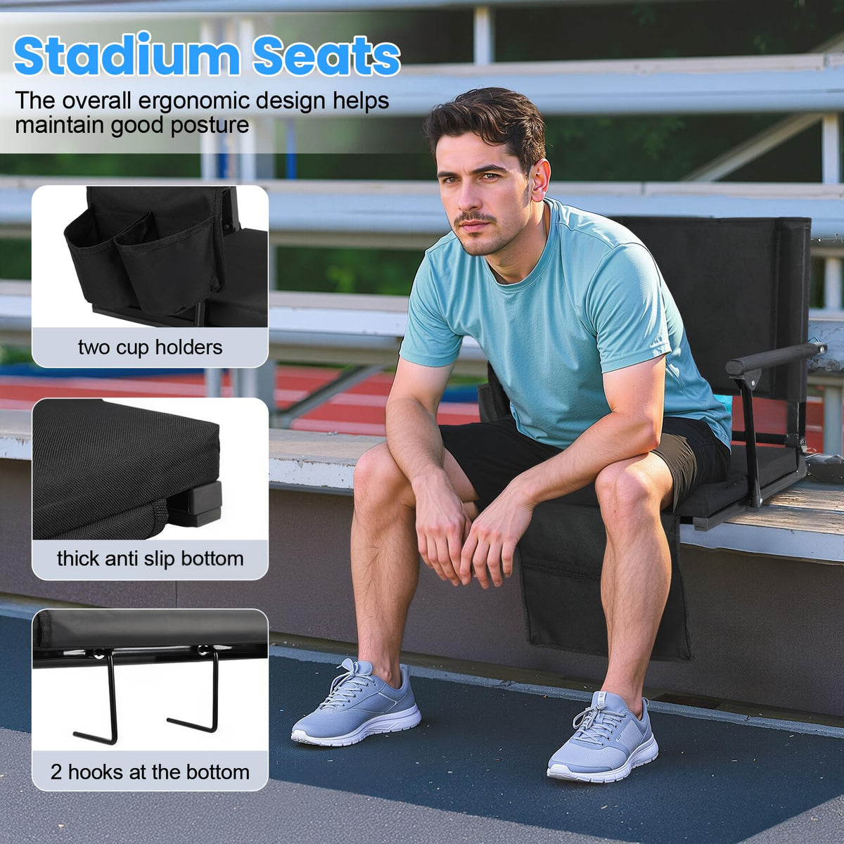 2 Pcs Black Folding Stadium Seats with Back Support and Cup Holder C574