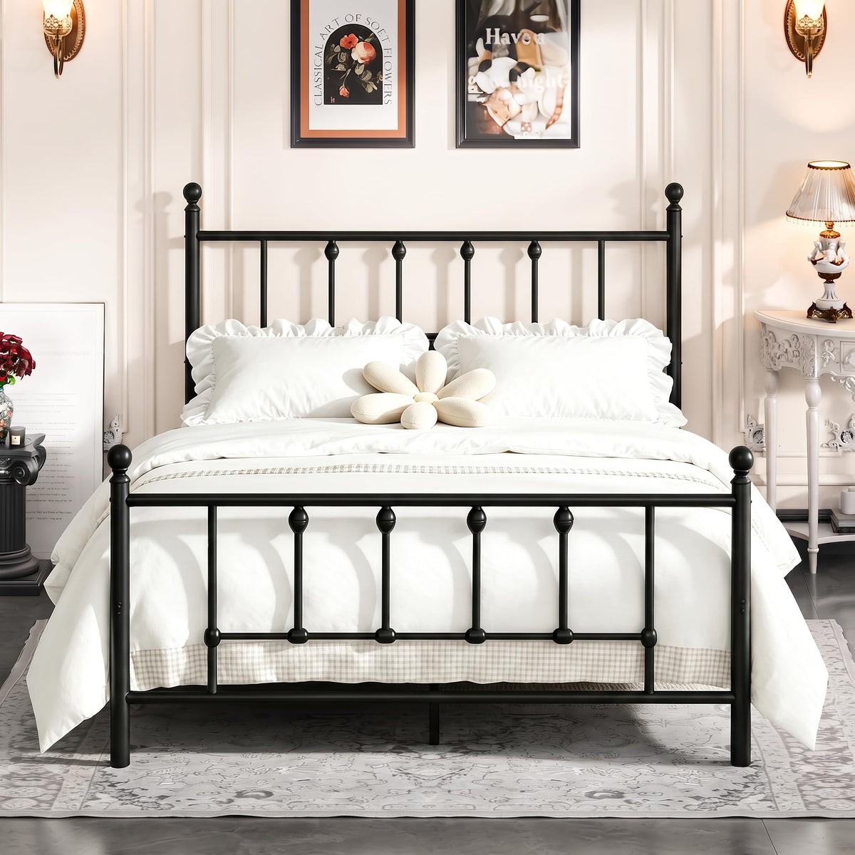 14 Inch Full Size Victorian Metal Platform Bed Frame with Headboard and Footboard E842