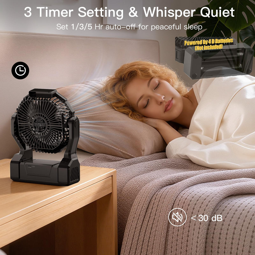 Battery Operated Portable Fan with 4 Speeds, 3 Timers & 2 Light Modes, Black Y155