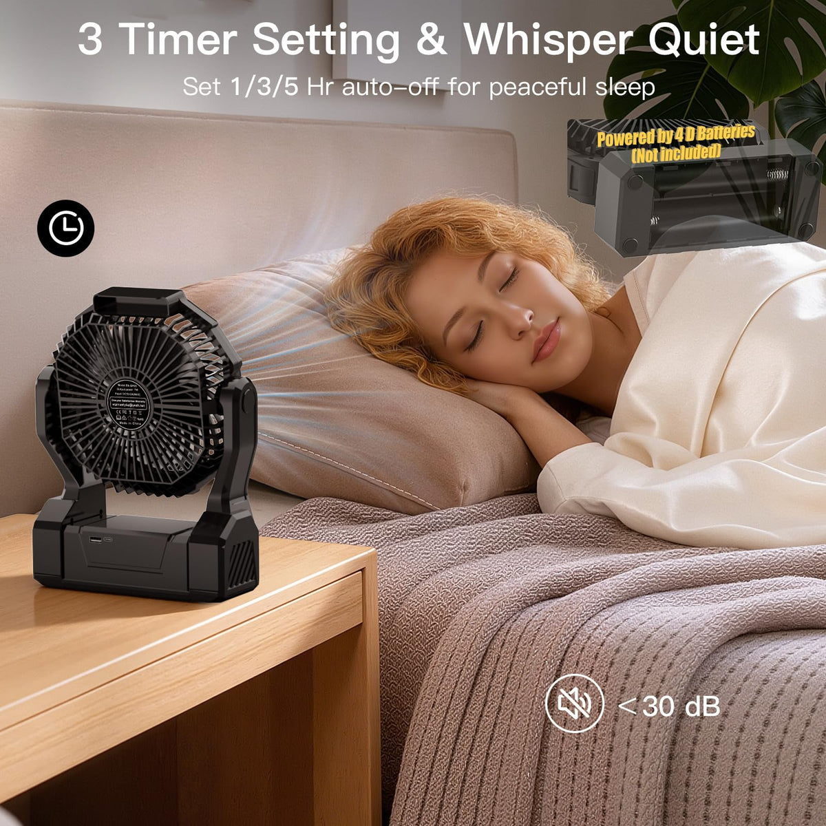 Battery Operated Portable Fan with 4 Speeds, 3 Timers & 2 Light Modes, Black Y155