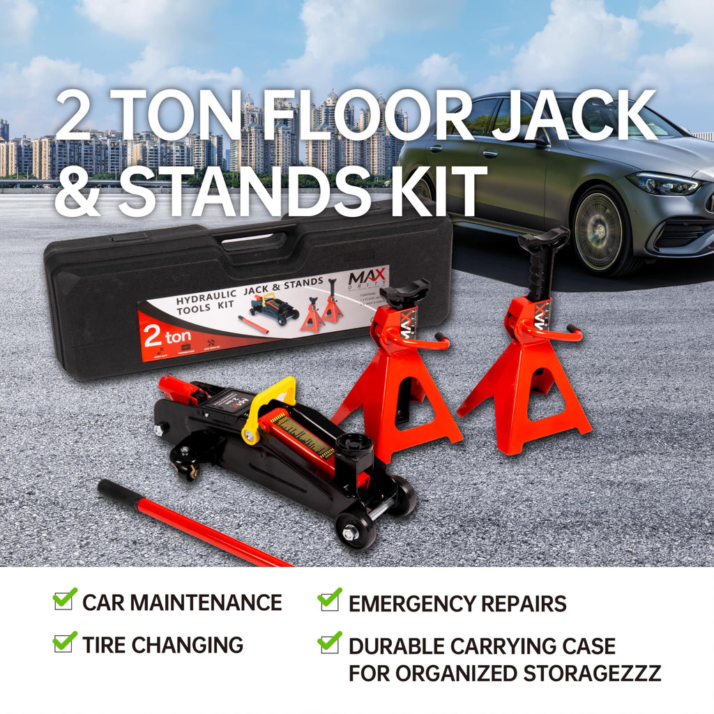2-Ton Hydraulic Low Profile Trolley Floor Jack with Case and 1 Pair 2 Ton Jack Stands X5444