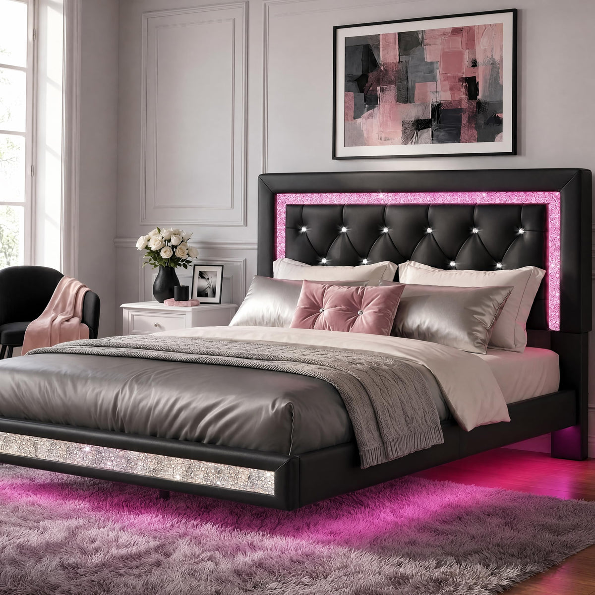 Floating Bed Frame Full with LED Lights V944